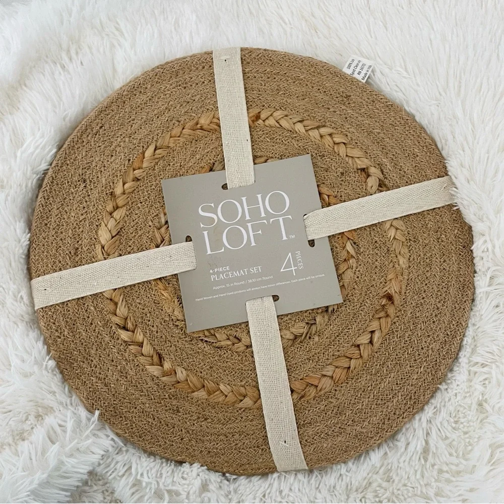 Soho Loft Jute 15” round placemats set of four NWT Boho Farmhouse